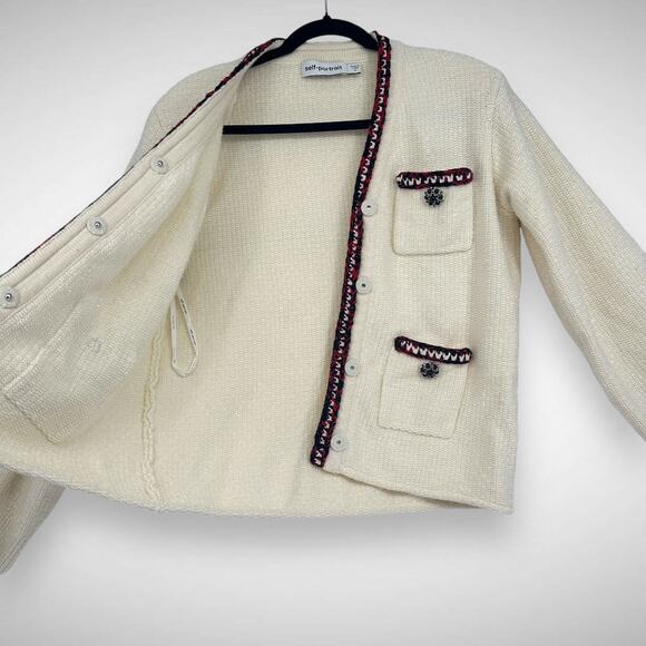 Self-Portrait Embellished Ivory Metallic Braided Knit Cardigan Sweater Sz Medium - Picture 5 of 14